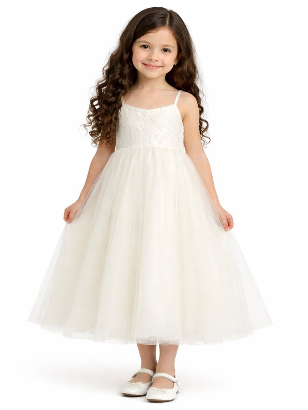 David's Bridal Size 4 Soft White Floral Top Full Tulle Skirt Flower Girl Dress